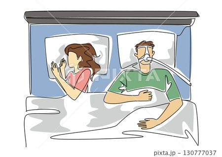 Single continuous line drawing a man sleeping on a bed using a CPAP mask accompanied by his sleeping wife. Caring sincerely. Disturbance. Sleep Apnea Awareness Day. One line design vector illustration 130777037