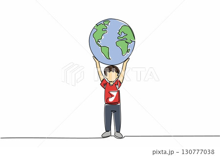 Continuous one line drawing boy lifting big globe. Respect rights of children, their world should be full of joy. Treat it as it should be. Day of Children. Single line draw design vector illustration 130777038