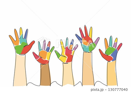 Single continuous line drawing 5 colorful open palms raised at varying heights. A symbol of freedom and happiness. Cheerful together. Friendship. Day of Children. One line design vector illustration 130777040