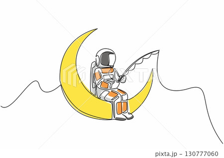Single one line drawing astronaut fishing while sitting on the crescent moon. Relaxing. Spending free time. Off duty. The cosmonaut. National Astronaut Day. Continuous line design graphic illustration 130777060