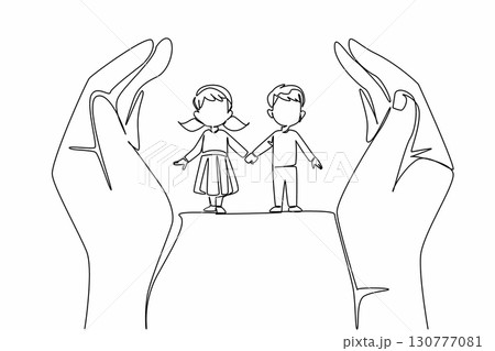 Continuous one line drawing adult hands are bent and a boy and a girl are holding hands in the middle. Symbolism of protecting children. Day of Children. Single line draw design vector illustration Continuous one line drawing adult hands are bent and a boy and a girl are holding hands in the middle. Symbolism of protecting children. Day of Children. Single line draw design vector illustration 130777081