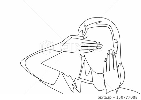 Single one line drawing the beautiful and fashionable woman covers her cheeks and eyes with her hands. Look different and full of confidence. Nail Day. Continuous line design graphic illustration Single one line drawing the beautiful and fashionable woman covers her cheeks and eyes with her hands. Look different and full of confidence. Nail Day. Continuous line design graphic illustration 130777088