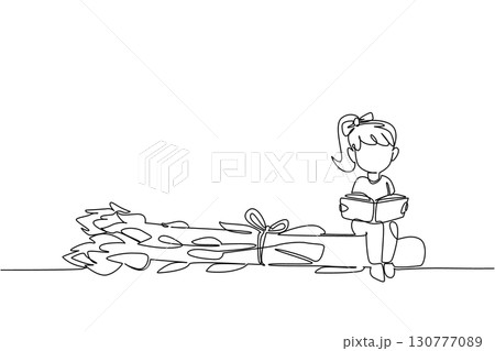 Single continuous line drawing girl reading on asparagus. Seriously read about the benefits of asparagus for the body. Girl Reading Book at Vegetables and Fruits. One line design vector illustration Single continuous line drawing girl reading on asparagus. Seriously read about the benefits of asparagus for the body. Girl Reading Book at Vegetables and Fruits. One line design vector illustration 130777089