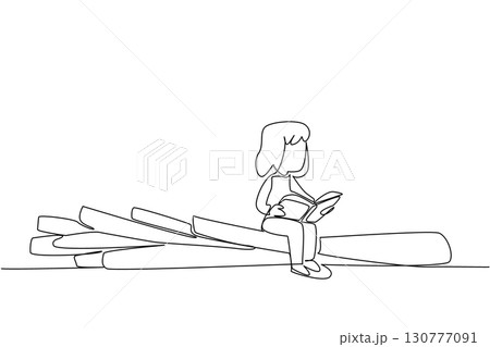 Continuous one line drawing girl reading on leek. Read the recipe on the best processing for spring onions. Girl Reading Book at Vegetables and Fruits. Single line draw design vector illustration Continuous one line drawing girl reading on leek. Read the recipe on the best processing for spring onions. Girl Reading Book at Vegetables and Fruits. Single line draw design vector illustration 130777091