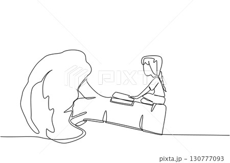 Single one line drawing girl reading on broccoli. Curiosity makes learning. Know a lot of knowledge. The nerd. Girl Reading Book at Vegetables and Fruits. Continuous line design graphic illustration Single one line drawing girl reading on broccoli. Curiosity makes learning. Know a lot of knowledge. The nerd. Girl Reading Book at Vegetables and Fruits. Continuous line design graphic illustration 130777093