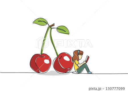 Single continuous line drawing young girl reading leaning next to cherry. Reading fiction seriously. Hobby reading. Girl Reading Book at Vegetables and Fruits. One line design vector illustration 130777099