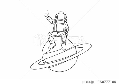 Single continuous line drawing the astronaut sitting on planet Saturn while his fingers form a thumbs up gesture. Relax before exploring. National Astronaut Day. One line design vector illustration 130777100