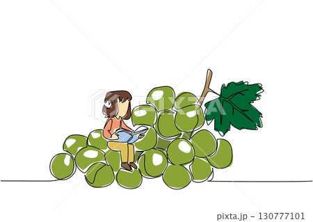 Single one line drawing girl reading on a pile of grapes. Find out how to cultivate grapes to make them sweet. Girl Reading Book at Vegetables and Fruits. Continuous line design graphic illustration 130777101