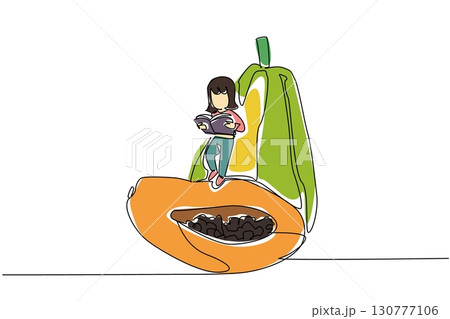 Single one line drawing girl reading while standing on a partially cut papaya. Serious. Focus. Hobby reading. Girl Reading Book at Vegetables and Fruits. Continuous line design graphic illustration 130777106