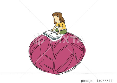 Single one line drawing girl reading on red cabbage. The colors of vegetables attract children. Useful reading. Girl Reading Book at Vegetables and Fruits. Continuous line design graphic illustration Single one line drawing girl reading on red cabbage. The colors of vegetables attract children. Useful reading. Girl Reading Book at Vegetables and Fruits. Continuous line design graphic illustration 130777111