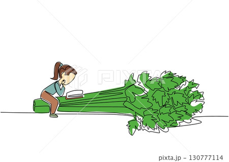 Single one line drawing the girl reading on celery. Reviewing the benefits of celery at home. Study seriously. Girl Reading Book at Vegetables and Fruits. Continuous line design graphic illustration Single one line drawing the girl reading on celery. Reviewing the benefits of celery at home. Study seriously. Girl Reading Book at Vegetables and Fruits. Continuous line design graphic illustration 130777114