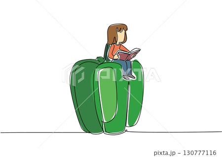Continuous one line drawing girl reading on peppers. Reviewing lessons for practical exam on growing peppers. Girl Reading Book at Vegetables and Fruits. Single line draw design vector illustration 130777116