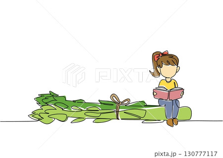 Single continuous line drawing girl reading on asparagus. Seriously read about the benefits of asparagus for the body. Girl Reading Book at Vegetables and Fruits. One line design vector illustration Single continuous line drawing girl reading on asparagus. Seriously read about the benefits of asparagus for the body. Girl Reading Book at Vegetables and Fruits. One line design vector illustration 130777117