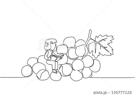 Single one line drawing girl reading on a pile of grapes. Find out how to cultivate grapes to make them sweet. Girl Reading Book at Vegetables and Fruits. Continuous line design graphic illustration 130777128
