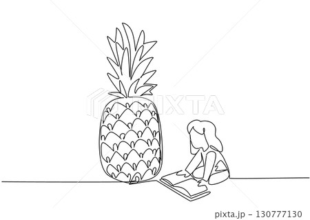 Single one line drawing girl reading next to pineapple. Anti sleepiness reading with pineapple snack. The nerd. Girl Reading Book at Vegetables and Fruits. Continuous line design graphic illustration 130777130