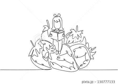 Continuous one line drawing girl reading on pile of strawberries. Harvest season and exam season come together. Girl Reading Book at Vegetables and Fruits. Single line draw design vector illustration Continuous one line drawing girl reading on pile of strawberries. Harvest season and exam season come together. Girl Reading Book at Vegetables and Fruits. Single line draw design vector illustration 130777133