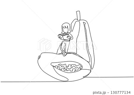 Single one line drawing girl reading while standing on a partially cut papaya. Serious. Focus. Hobby reading. Girl Reading Book at Vegetables and Fruits. Continuous line design graphic illustration Single one line drawing girl reading while standing on a partially cut papaya. Serious. Focus. Hobby reading. Girl Reading Book at Vegetables and Fruits. Continuous line design graphic illustration 130777134