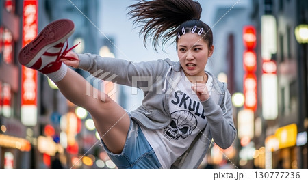 気合のこもった表情でハイキックをする若い女性 気合のこもった表情でハイキックをする若い女性 130777236