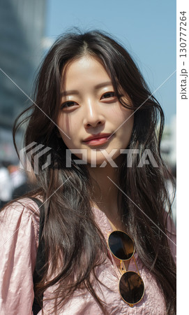 Young woman with long dark hair and sunglasses enjoying a sunny day in a bustling urban area in Korea Young woman with long dark hair and sunglasses enjoying a sunny day in a bustling urban area in Korea 130777264