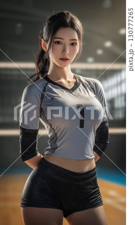 Volleyball player in action on a court showcasing skills and athleticism during a competitive match 130777265