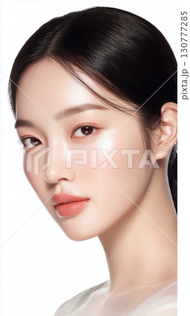 Beautiful Korean woman with radiant skin showcases natural makeup in a minimalist setting Beautiful Korean woman with radiant skin showcases natural makeup in a minimalist setting 130777285