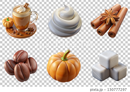 3d icons collection for pumpkin spice latte ingredients - coffee, pumpkin, cinnamon, whipped cream 130777297