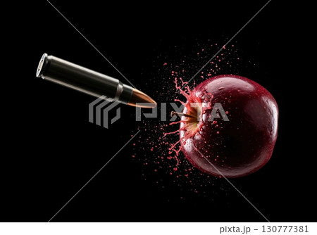 Bullet hitting a red apple and creating a juicy splash in a high-speed action photograph 130777381