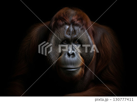 Dramatic low key portrait of a majestic male orangutan with a wise and powerful expression 130777411