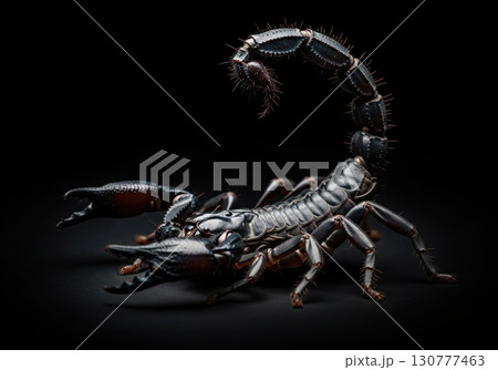 Studio close up of a black emperor scorpion in a defensive pose on a dark black background 130777463