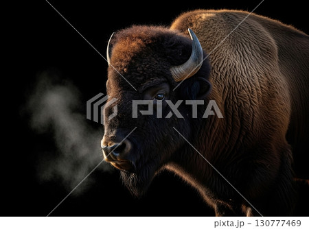 Bison portrait with steamy breath in the cold air a powerful and majestic wildlife image 130777469