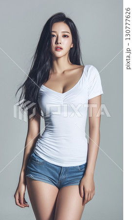 Korean model showcasing casual fashion with confidence in simple outfit and natural pose against plain background Korean model showcasing casual fashion with confidence in simple outfit and natural pose against plain background 130777626