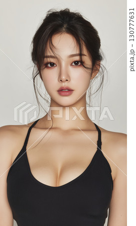 Confident woman in black attire poses for a portrait against a neutral background showcasing elegance and beauty 130777631