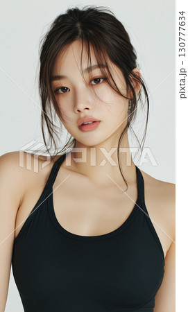 Young Korean woman posing in casual black outfit with natural makeup and soft hairstyle 130777634