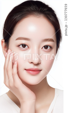 Korean woman showcasing natural beauty with glowing skin and elegant poses in a neutral setting 130777659