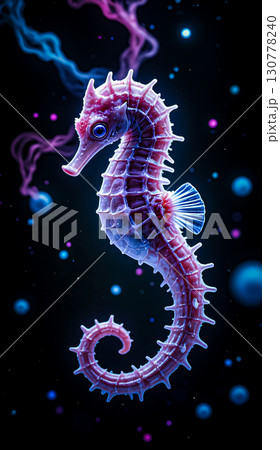 Majestic seahorse in glowing waters. Beautiful seahorse. Close-up of an isolated seahorse. 130778240