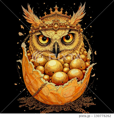 Golden installation of a decorative character.   An exquisite owl with golden feathers and a majestic crown. 130778262