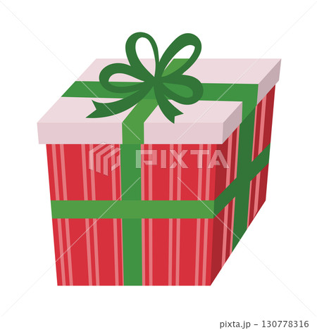 Cute flat cartoon illustration of red striped present box with green ribbon and bow. 130778316