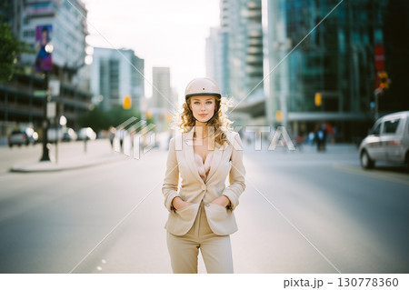 A woman in a suit and helmet is walking down a city street 130778360