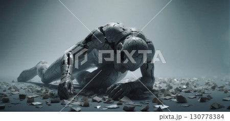 A fractured ceramic figure collapsing while collecting matching shards of its broken body in despair A fractured ceramic figure collapsing while collecting matching shards of its broken body in despair 130778384