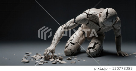 A fractured ceramic figure collapsing while collecting matching shards of its broken body in despair A fractured ceramic figure collapsing while collecting matching shards of its broken body in despair 130778385