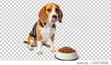 A short haired beagle dog sits attentively, looking at a bowl filled with kibble. Its expression shows eagerness and anticipation in a clean, bright background. A short haired beagle dog sits attentively, looking at a bowl filled with kibble. Its expression shows eagerness and anticipation in a clean, bright background. 130778398