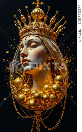 Golden crowned madonna with ornate details. A sculptural face of a maiden wearing a crown, this composition is a combination of classical and abstract elements. 130778574