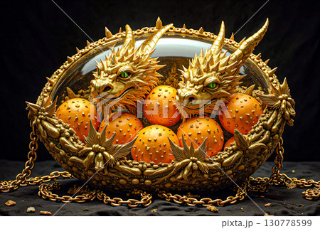 Golden dragon egg basket. An ornate basket features two detailed, gold-colored dragon heads with green eyes and intricate scales. 130778599