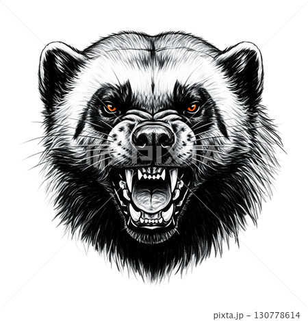 A powerful wolverine displays an angry snarl, highlighting its sharp teeth and intense gaze. The animal's fierce demeanor captures a primal energy, perfect for bold visuals or designs. A powerful wolverine displays an angry snarl, highlighting its sharp teeth and intense gaze. The animal's fierce demeanor captures a primal energy, perfect for bold visuals or designs. 130778614