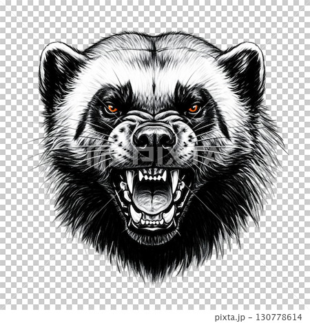 A powerful wolverine displays an angry snarl, highlighting its sharp teeth and intense gaze. The animal's fierce demeanor captures a primal energy, perfect for bold visuals or designs. 130778614