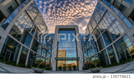 Ground-level fisheye perspective captures a newly built office complex with sleek glass and steel facades, reflecting the colorful clouds above and the vibrant urban environment at dusk. Ground-level fisheye perspective captures a newly built office complex with sleek glass and steel facades, reflecting the colorful clouds above and the vibrant urban environment at dusk. 130778621
