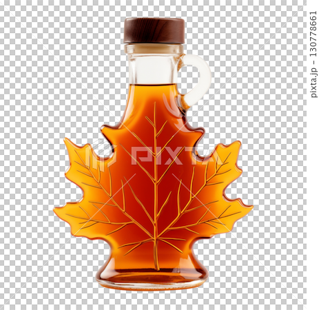 Fresh and beautiful maple syrup, contained in maple leaf-shaped glass bottles, representing the pure and delightful essence of nature's sweetness. AI Generated 130778661