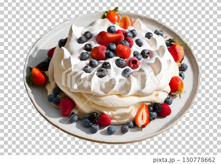 Pavlova with meringue and berry fruits, Elevate the freshness with a delightful dessert featuring crisp meringue, whipped cream  and vibrant juicy berries. AI Generated 130778662