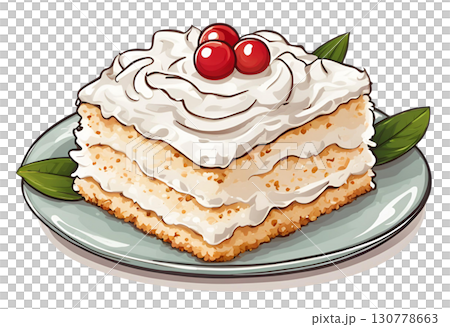 Illustration depicting Coconut Tres Leches Cake, a sponge cake soaked in coconut milk served with assorted berries to enhance its freshness and appeal. AI Generated 130778663