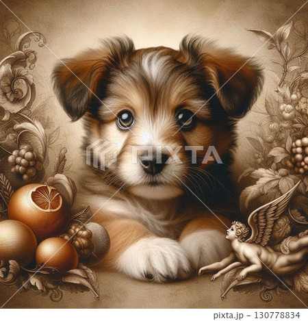 子犬、名画風 130778834